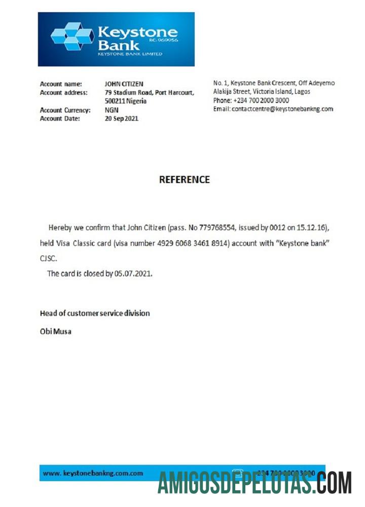 Referência de fechamento do Keystone Bank da Nigéria amostra